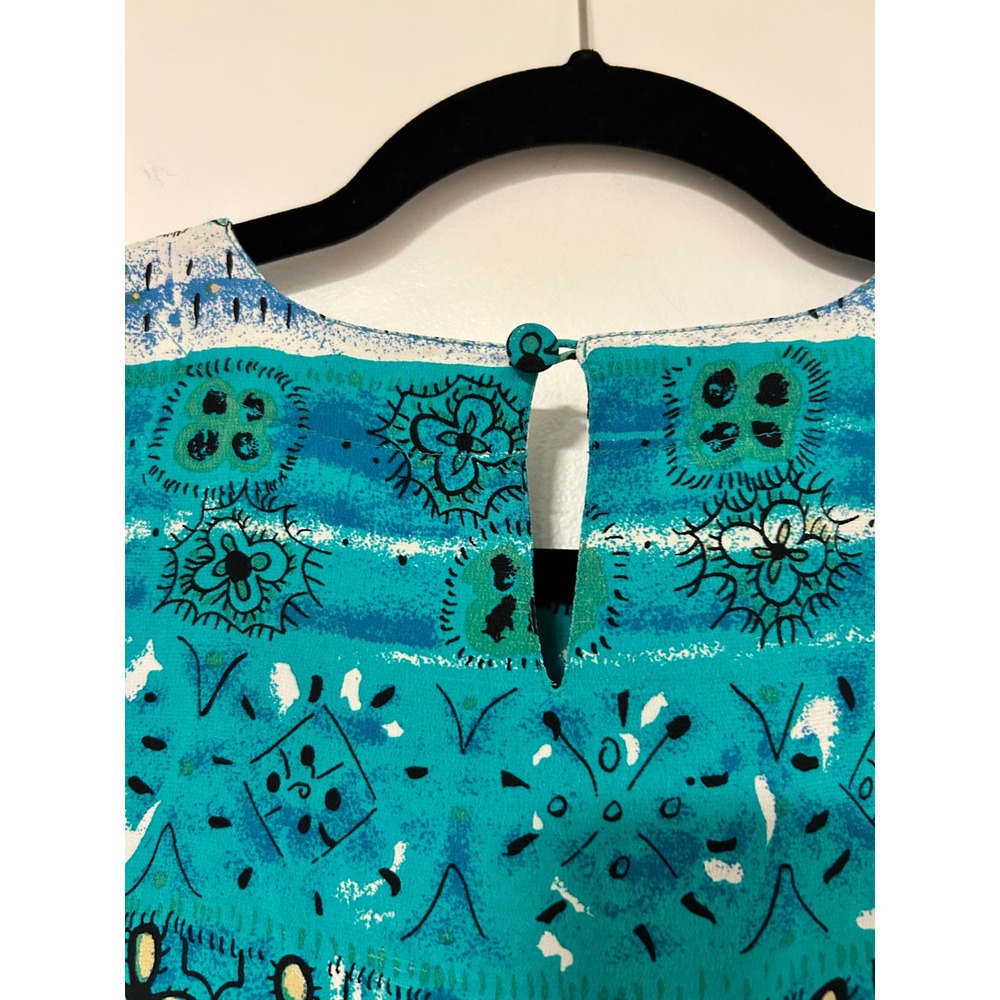 Kim Rogers Petite Small 100% Silk Teal Blue Abstract Geometric Short Sleeve Top - Picture 7 of 7